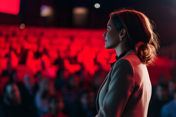 Naklejka premium American woman giving a TED-style talk on stage shown from rear view, People photography