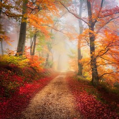 Fototapeta premium dirt road in autumn forest in fog red foggy forest with trail colorful landscape with beautiful enchanted trees with orange and red leaves in fall mystical woods in october woodland nature