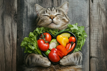 A content tabby cat lies comfortably, holding a heart-shaped bowl filled with fresh vegetables, symbolizing health, love, and well-being.