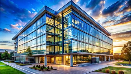 Obraz premium Modern Glass Fronted Office Building with Blue Sky - Contemporary Architecture Photography