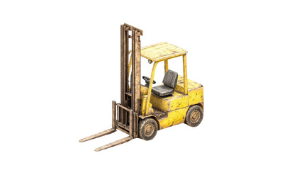 Fototapeta premium A yellow forklift with a raised mast is shown against a black background, showcasing its design and features.