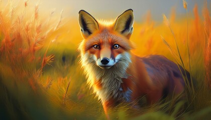 Fototapeta premium fox in grass field curious gaze