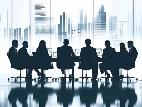 Flat Group of Professionals Meeting in Modern Glossy Room Wide Angle Business Discussion Financial Charts Collaborative Decision Making Strategic Planning Copy Space Simple Flat Vector Illustration