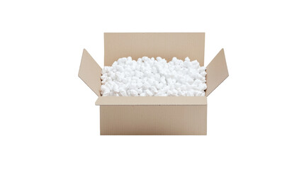 A cardboard box filled with white packing peanuts, ready for shipping or storage, showcasing a simple packaging concept.
