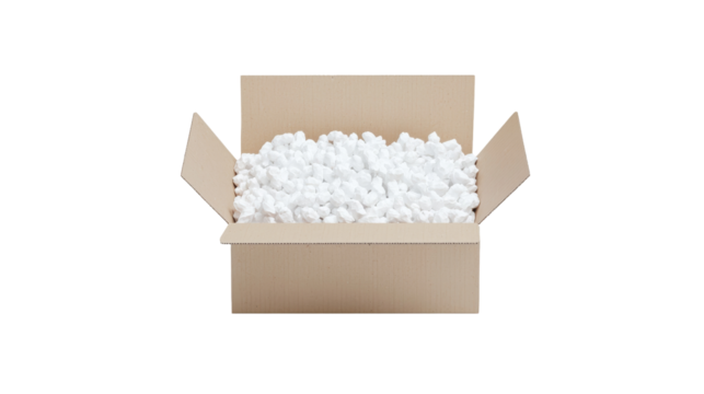 A cardboard box filled with white packing peanuts, ready for shipping or storage, showcasing a simple packaging concept.