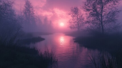 Naklejka premium Misty Sunrise Over a Serene River