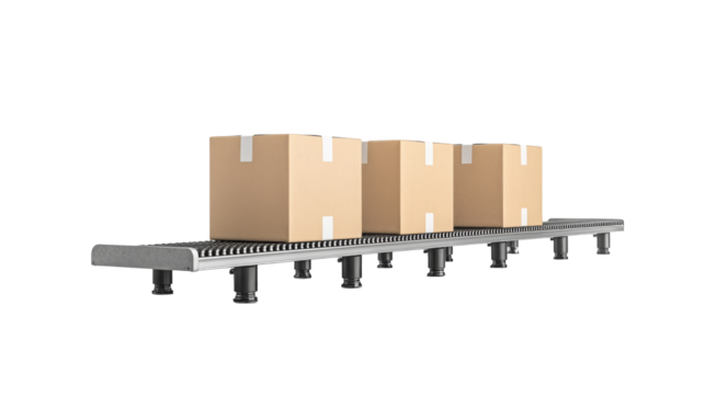 A conveyor belt transports brown cardboard boxes against a black background, illustrating logistics and shipping processes.