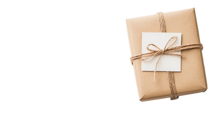 A wrapped gift with twine and a blank tag, set against a black background, exuding a rustic, presentable charm.