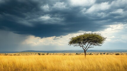 Fototapeta premium African savanna under a stormy sky, with room for copy in the clouds