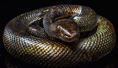 Drawing of a golden snake on a black background. Chinese New Year 2025 Symbol.