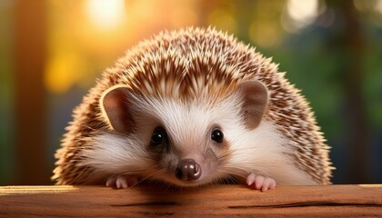 hedgehog on wood with wide eyes