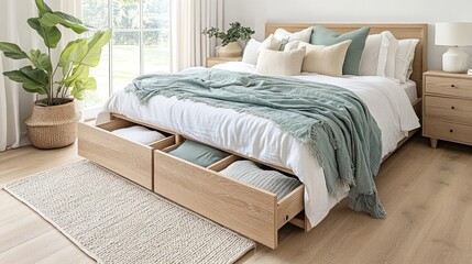 Cozy bedroom with under-bed storage drawers featuring organized linens and clothes in soft ambient lighting