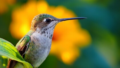Fototapeta premium hummingbird perched on a green leafed flower before a yellow flowered background blurred
