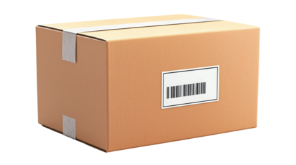 A plain cardboard box with a label, suitable for shipping or storage, set against a black background.