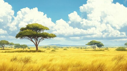 Obraz premium African savanna with scattered trees and wide skies, leaving space for copy