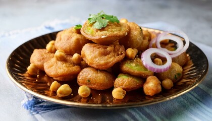 Fototapeta premium indian street food crispy fried dough with chickpeas onion and spices