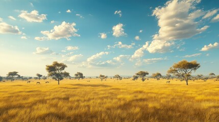 Fototapeta premium African savanna with scattered trees and wide skies, leaving space for copy