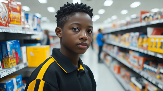 child shopping in toy store aisle, looking curious