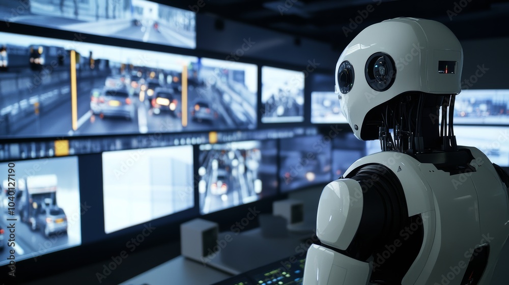 Poster A robot managing advanced traffic control systems in a modern smart city control center with multiple screens and sensors, clean and high-tech environment, Traffic-tech style