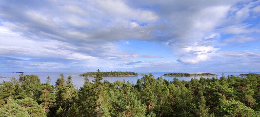 Obraz premium Panorama of the Gulf of Finland and the Islands. Northern nature. Finnish nature, Baltic Sea, trees view from the height