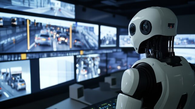 A robot managing advanced traffic control systems in a modern smart city control center with multiple screens and sensors, clean and high-tech environment, Traffic-tech style