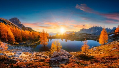 majestic sunset of the mountains landscape wonderful nature landscape during sunset beautiful colored trees over the federa lake glowing in sunlight wonderful picturesque scene color in nature