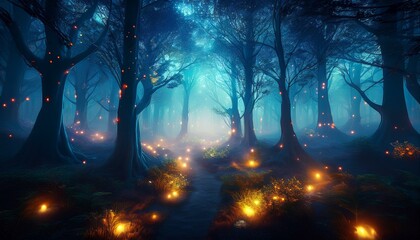 magical dark fairy tale forest at night with glowing lights and fog und flying particles