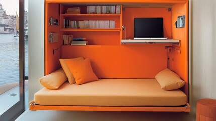 Cleverly designed tiny studio apartment with foldable bed and multifunctional furniture for efficient living