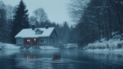 Fototapeta premium A man is swimming in a pool with his head above the water. He is smiling and he is enjoying himself