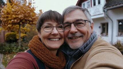 Fototapeta premium old couple smiling and hugging in front of their house