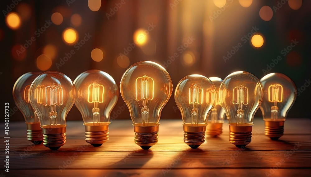 Wall mural multiple light bulbs resting on a wooden table generative ai