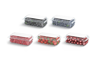 Blank transparent plastic box with berries mockup, half-turned view