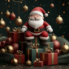 Obraz premium 3D Cheerful Santa Claus Surrounded by Festive Gifts