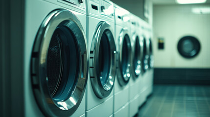 Clean laundry awaits in a bright, modern laundromat during a sunny afternoon filled with fresh air and a calm atmosphere