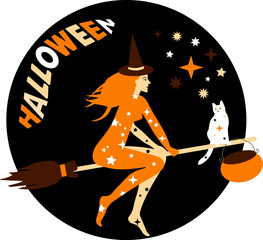Halloween illustration of a witch on a broom