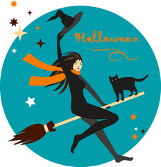 Halloween illustration of a witch on a broom