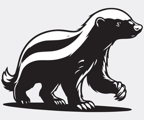 Honey Badger Vector Art tropical animal silhouette art in black and white. Badger Silhouette Isolated On White Background.