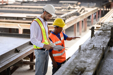 Engineers are inspecting the work that technicians are doing by pouring cement for building components and houses.