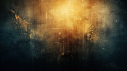 A captivating abstract grunge background featuring dust and scratches with dark and golden lighting. The ultra-realistic texture highlights a sense of vintage wear and tear, giving the scene an aged a