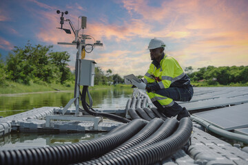 African-American engineer carefully examines cutting-edge floating solar panel system designed to...