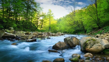 spring forest nature landscape beautiful spring stream river rocks in mountain forest