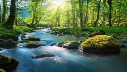 Obraz premium spring forest nature landscape beautiful spring stream river rocks in mountain forest