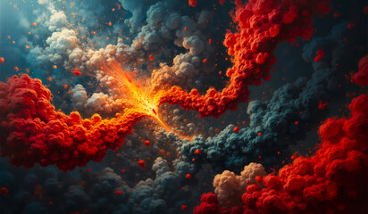 Naklejka premium a red explosion in the sky is over a red fire.