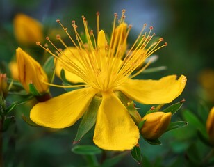 st john s wort hypericum perforatum yellow flowers closeup selective focus