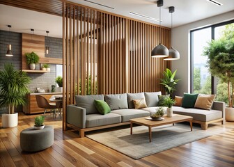 Naklejka premium Modern Living Room with Stylish Wood Divider - Architectural Photography Inspiration