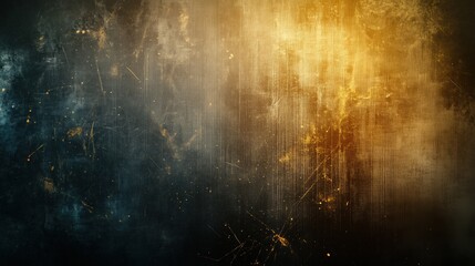 A captivating abstract grunge background featuring dust and scratches with dark and golden lighting. The ultra-realistic texture highlights a sense of vintage wear and tear, giving the scene an aged a