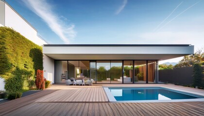 Fototapeta premium the facade of a modern house with a courtyard terrace and swimming pool