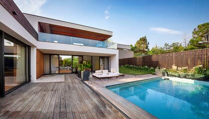 Fototapeta premium the facade of a modern house with a courtyard terrace and swimming pool