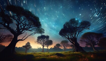 the sky is star studded and the trees stand out as dark shapes against the grass and foliage in the background