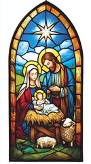 Stained glass nativity scene with Mary, Joseph, and baby Jesus